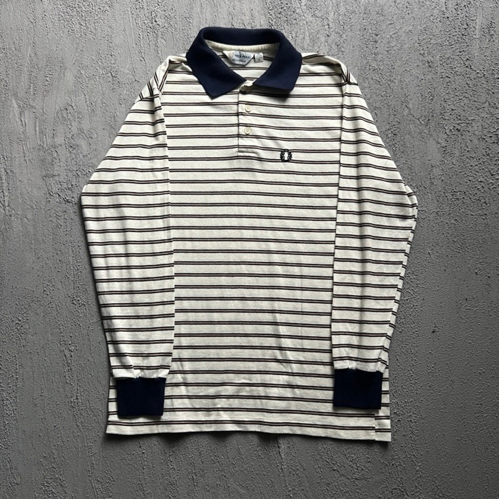 Vintage Fred Perry Polo Shirt Mens XL White 1980s Striped Long Sleeve